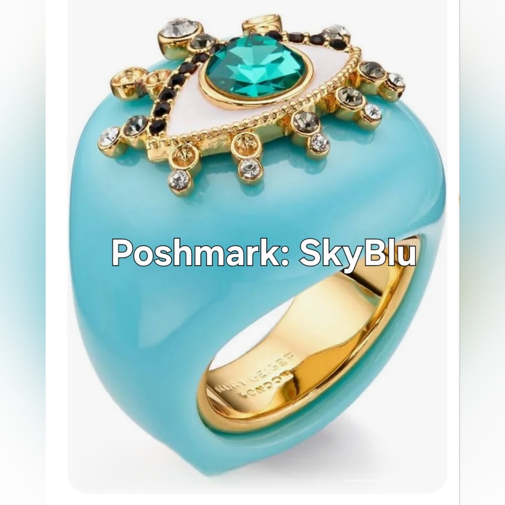 NWT Kurt Geiger Teal and Gold Eye Ring w Crystals